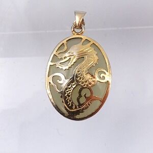 Vintage Chinese Dragon Pendant Gold Tone Light Green Cabochon Mystical